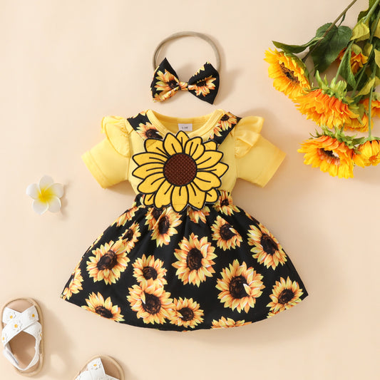 Adorable Baby Girl Sunflower Suspender Dress with Ruffled Shoulder Romper and Headband