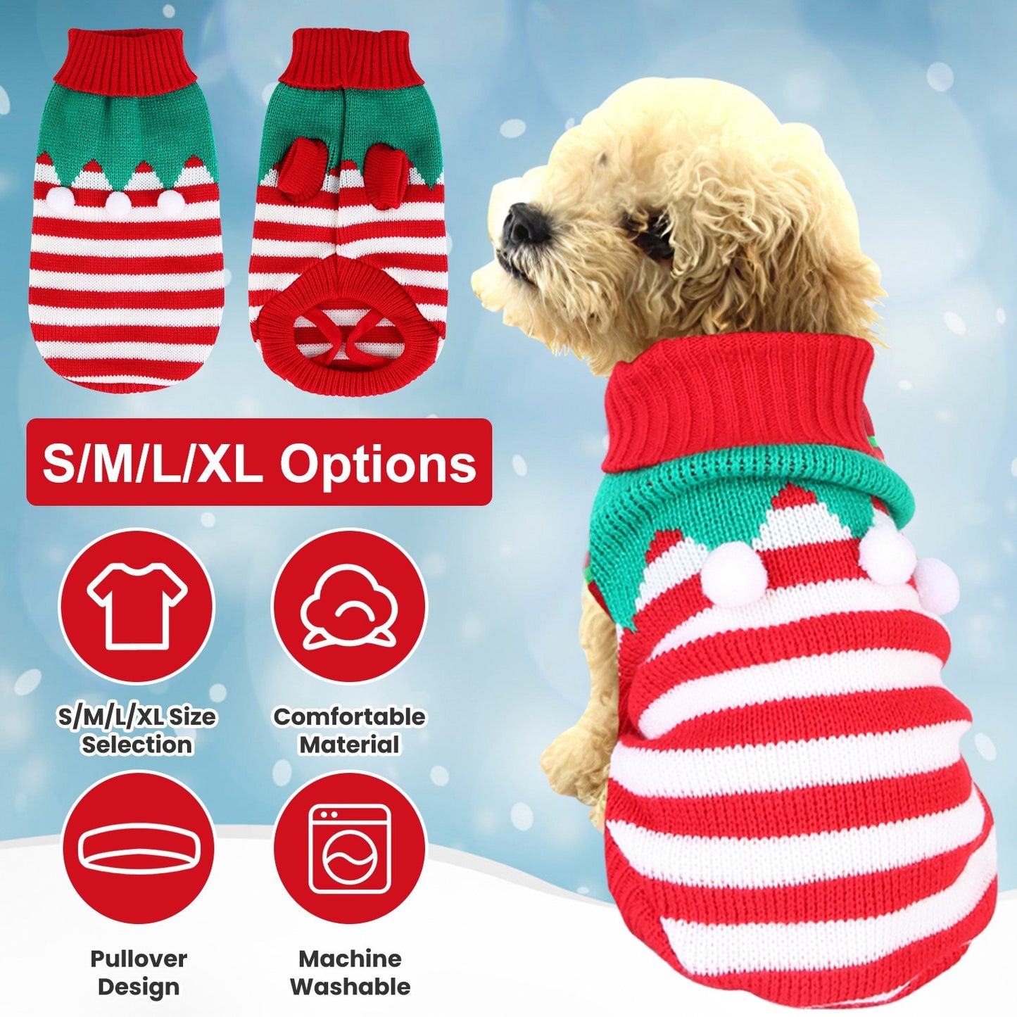 Pet Christmas Turtleneck Sweater | Snowman & Stripes Holiday Costume for Small Dogs & Cats