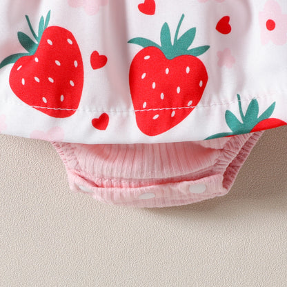 Adorable Infant Toddler Strawberry Print Bow Sleeveless Summer Romper