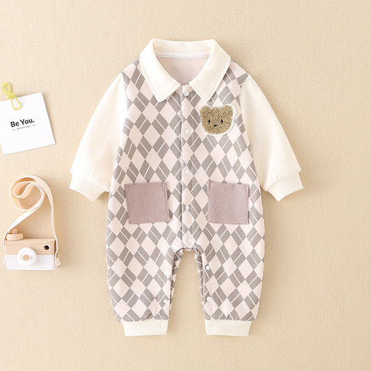 Autumn Baby Collared Jumpsuit with Bear Patch | Adorable Printed Baby Clothes