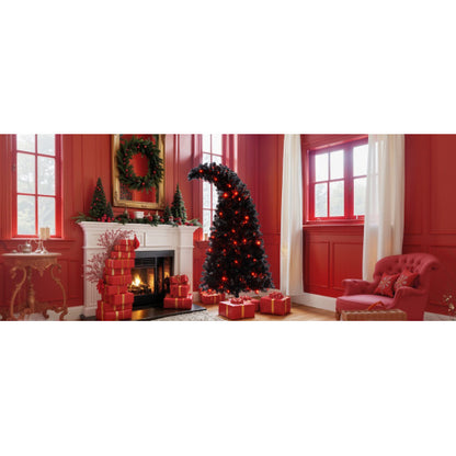 6FT Black Artificial Christmas Tree with LED Lights – Pre-Lit Curved Whimsical Xmas Tree, 900 Tips, Elegant Holiday Decoration
