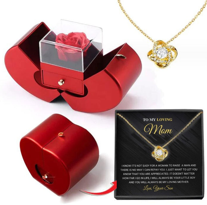 Red Apple Rose Jewelry Box with Necklace – Eternal Flower Gift for Girls, Valentine’s Day & Mother’s Day Romantic Gift