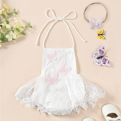 Enchanting Elegance: Girls' Butterfly Lace Spaghetti Strap Princess Dress with Headband