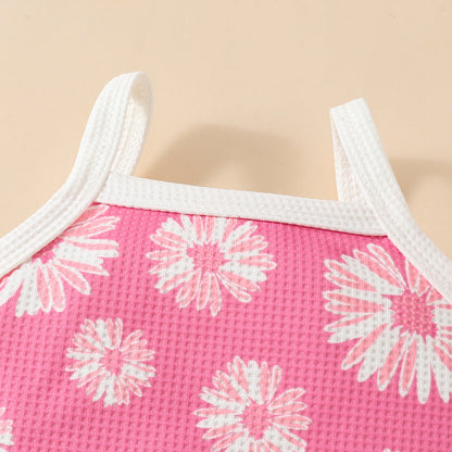 Stylish Floral Printed Waffle Spaghetti Strap Romper & Ruffled Shorts Set