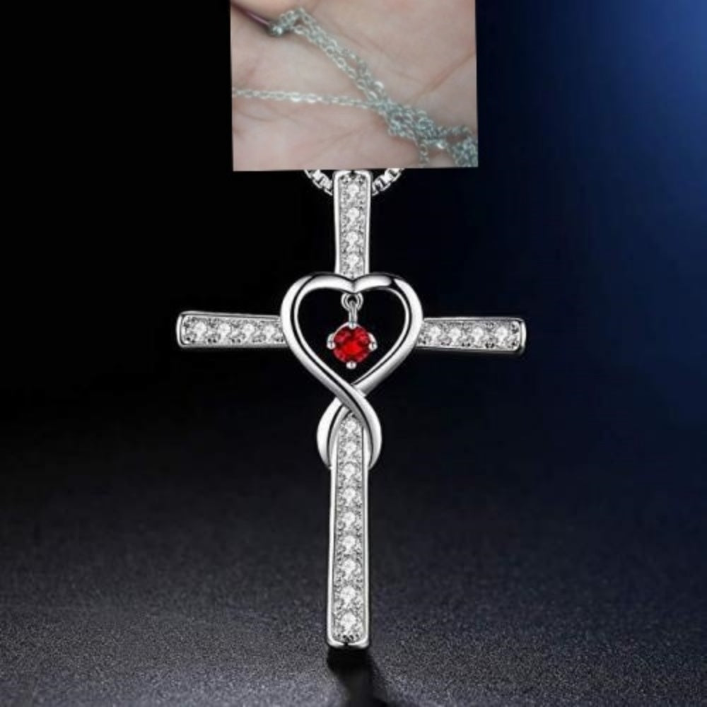 Infinity Love Cross Pendant Necklace – In God We Trust Christian Birthstone Heart Jewelry for Women with Crystal Zircon Gems