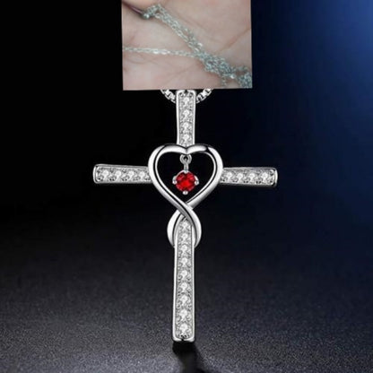 Infinity Love Cross Pendant Necklace – In God We Trust Christian Birthstone Heart Jewelry for Women with Crystal Zircon Gems