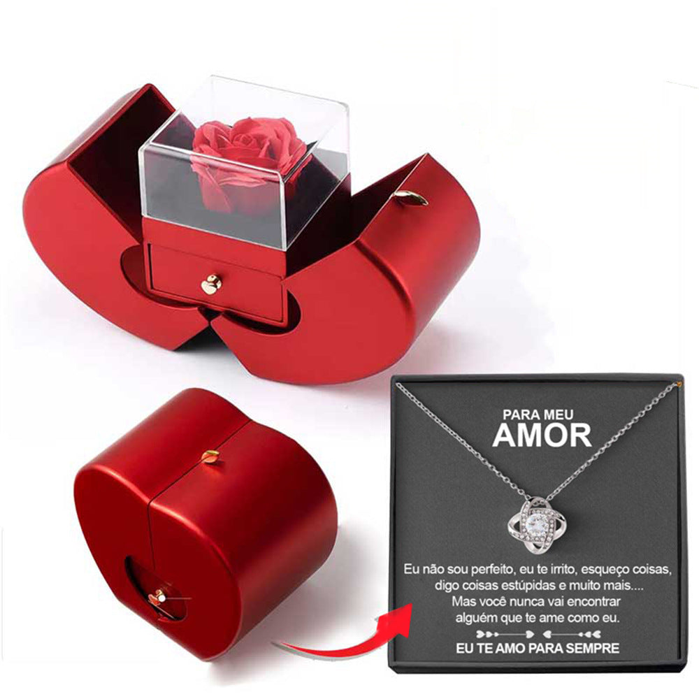 Red Apple Rose Jewelry Box with Necklace – Eternal Flower Gift for Girls, Valentine’s Day & Mother’s Day Romantic Gift