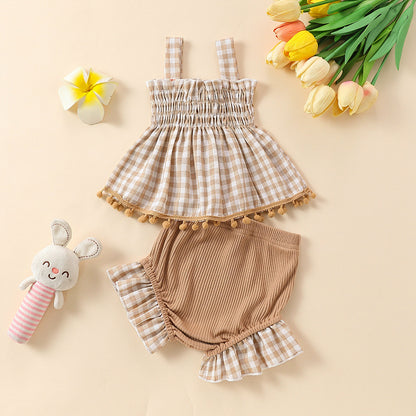 Charming Baby Girl Plaid Design Pom Pom Lace Dress and Short Set
