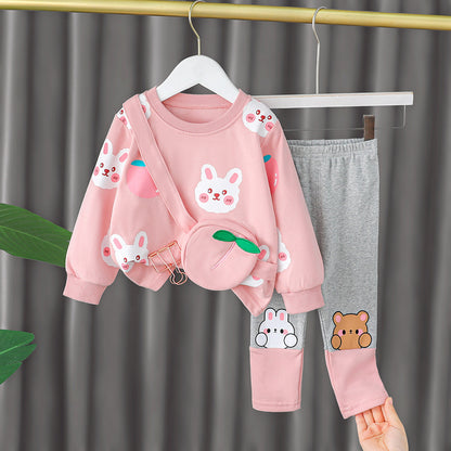 Baby Girl's Animal Printed Sling Bag Design Western Style Autumn Suit