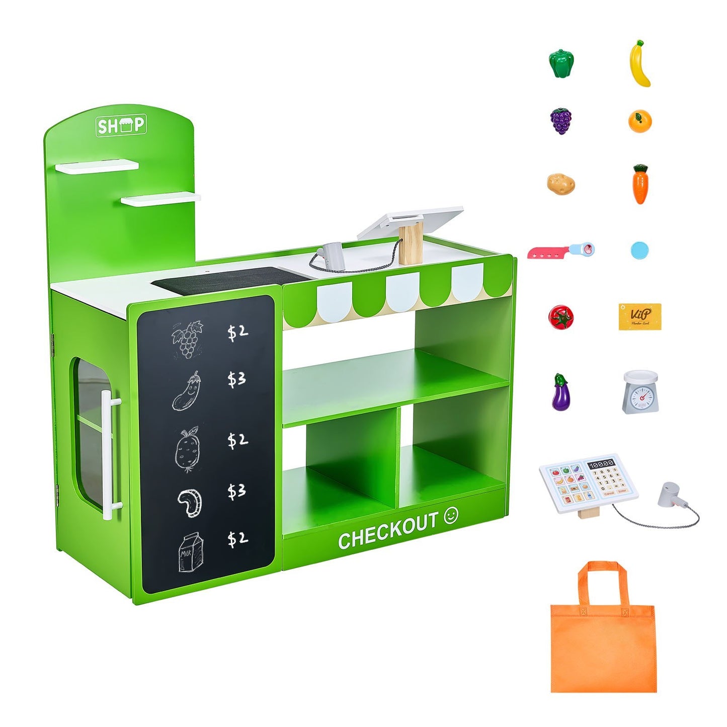 Wooden Kids Grocery Store Playset – Market Stand with Cash Register & Accessories
