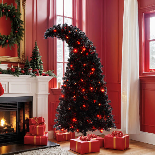 6FT Black Artificial Christmas Tree with LED Lights – Pre-Lit Curved Whimsical Xmas Tree, 900 Tips, Elegant Holiday Decoration
