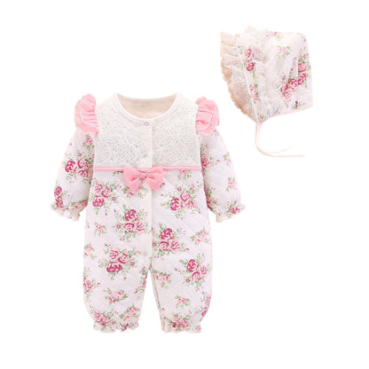 Adorable Baby's New Air Cotton Padded Floral Printed Princess Jumpsuit With Hat