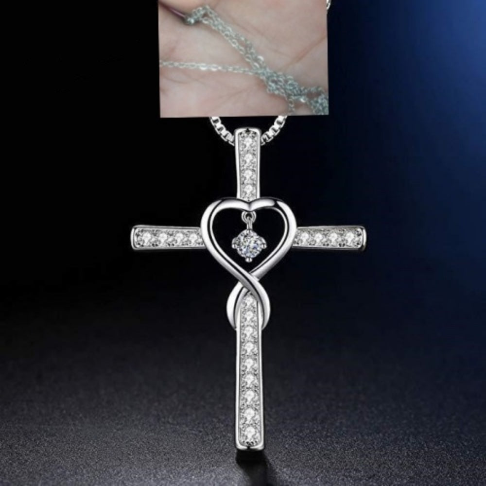 Infinity Love Cross Pendant Necklace – In God We Trust Christian Birthstone Heart Jewelry for Women with Crystal Zircon Gems