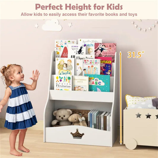 Kids 3-Tier Bookshelf & Toy Storage – White Shelf with Hidden Back Compartment