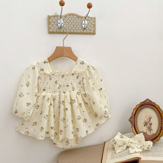 Adorable Baby Girl Floral Romper - Double-Layer Yarn Onesie
