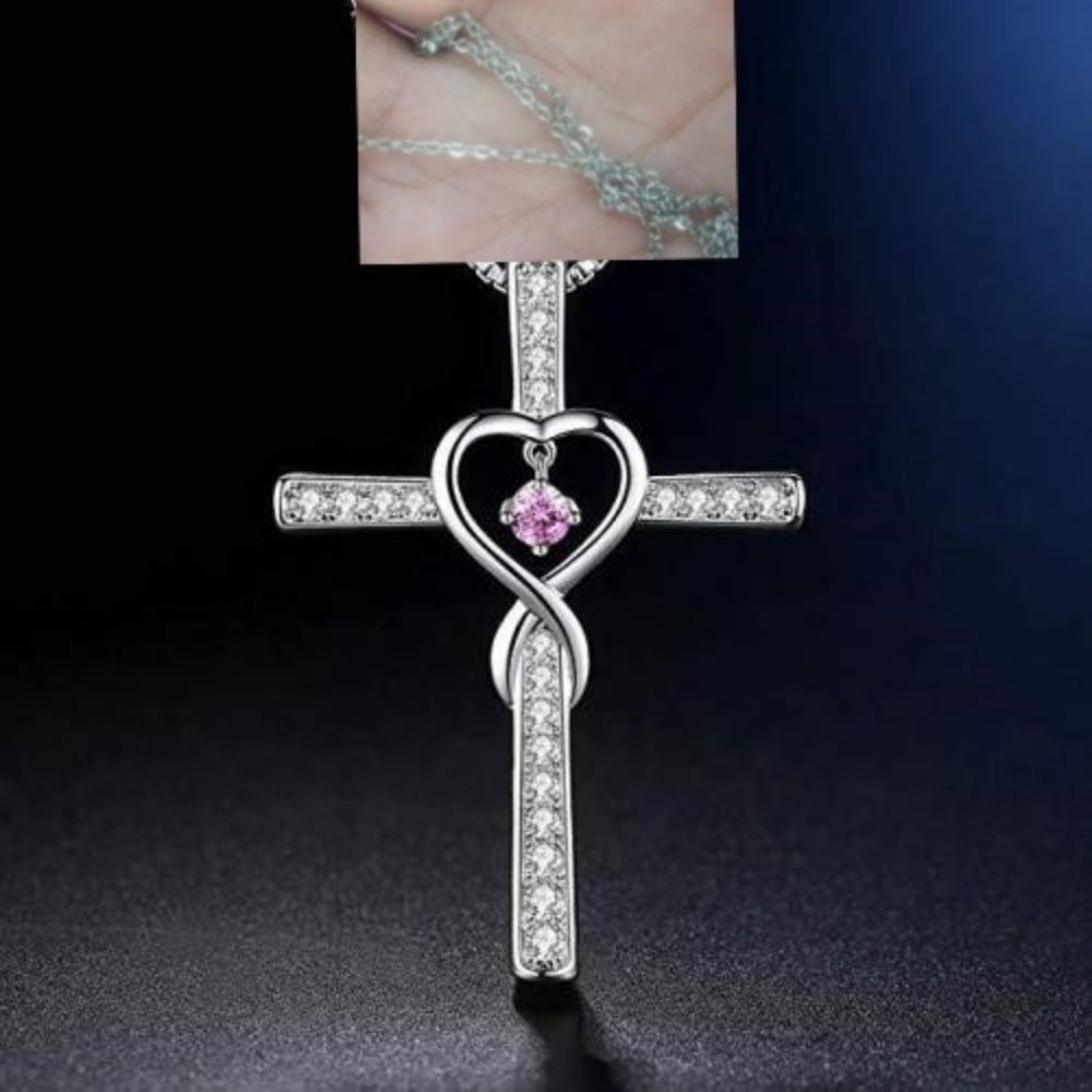 Infinity Love Cross Pendant Necklace – In God We Trust Christian Birthstone Heart Jewelry for Women with Crystal Zircon Gems