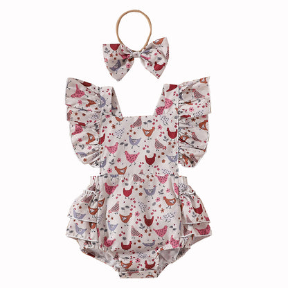 Adorable Baby Cartoon Chicken Flounced Sleeve Dress – Perfect for Toddlers!