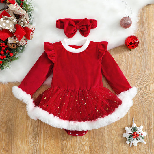 Christmas Baby Girl Red Romper with Hairband – Newborn to Toddler Holiday Outfit (0–24 Months)