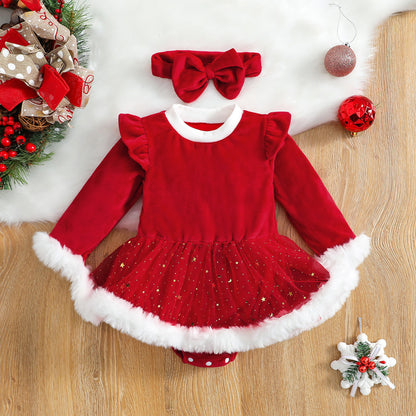 Christmas Baby Girl Red Romper with Hairband – Newborn to Toddler Holiday Outfit (0–24 Months)