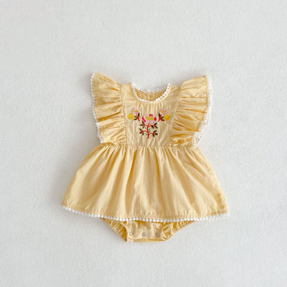 Elegant Baby Girl Embroidered Ruffled Sleeve Lace Romper - Stylish Infant Outfit