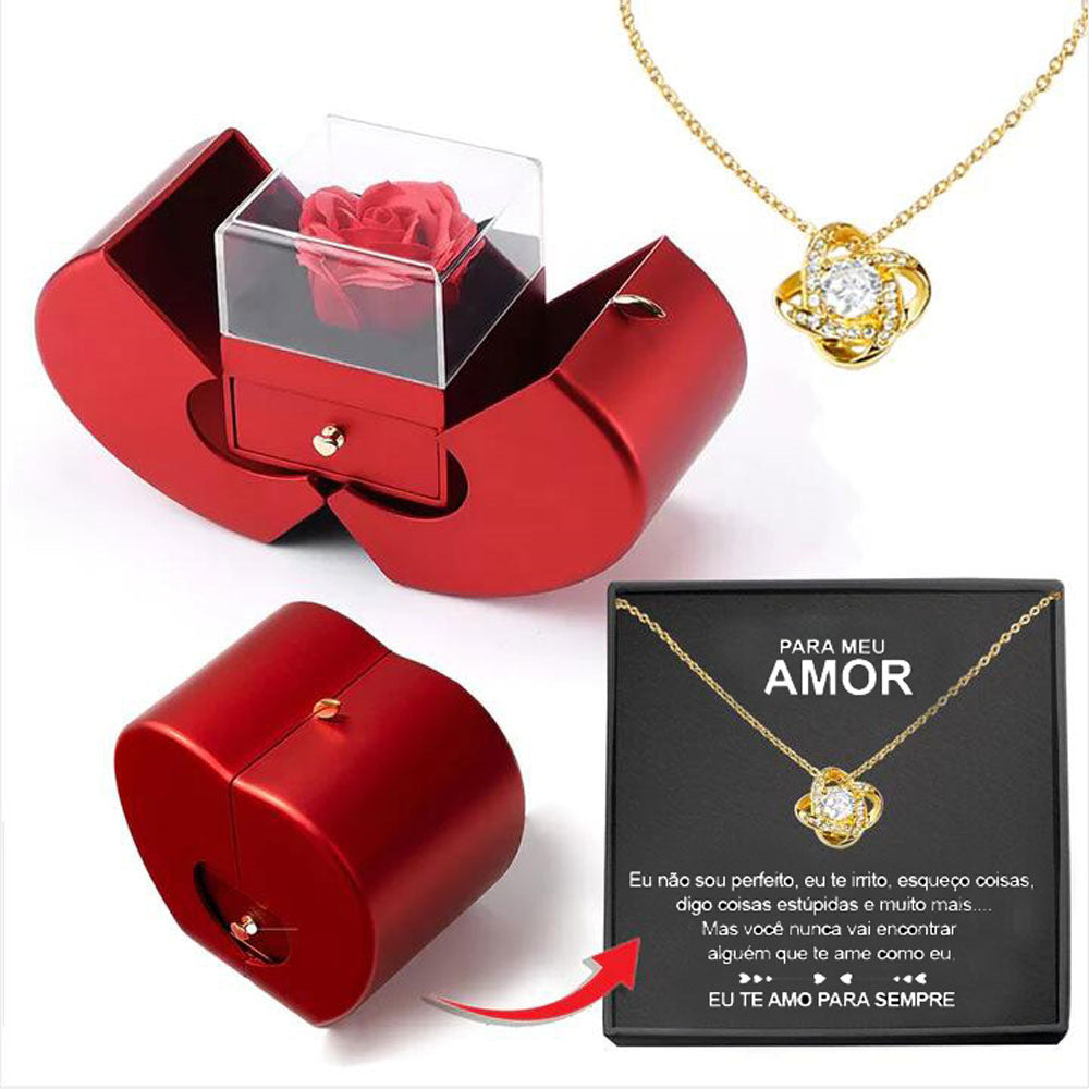 Red Apple Rose Jewelry Box with Necklace – Eternal Flower Gift for Girls, Valentine’s Day & Mother’s Day Romantic Gift