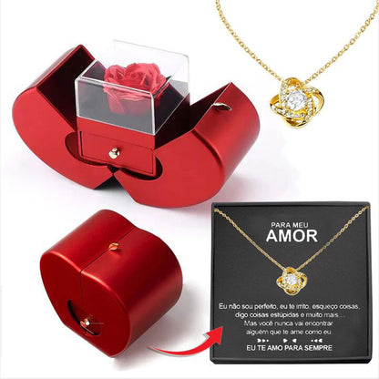Red Apple Rose Jewelry Box with Necklace – Eternal Flower Gift for Girls, Valentine’s Day & Mother’s Day Romantic Gift