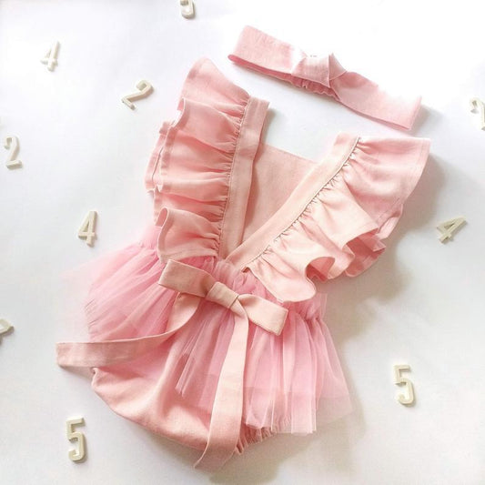 Adorable Pure Color Mesh Ruffled Sleeve Bowknot Baby Romper for Stylish Comfort