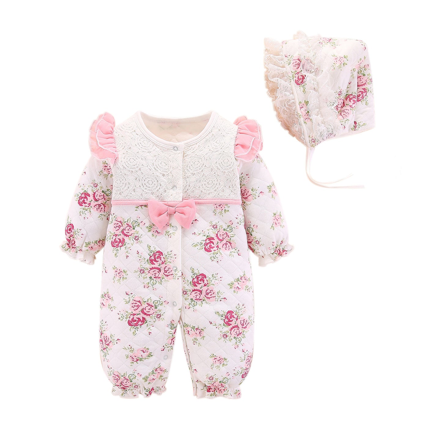 Adorable Baby's New Air Cotton Padded Floral Printed Princess Jumpsuit With Hat