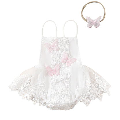 Enchanting Elegance: Girls' Butterfly Lace Spaghetti Strap Princess Dress with Headband