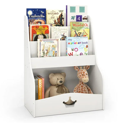 Kids 3-Tier Bookshelf & Toy Storage – White Shelf with Hidden Back Compartment