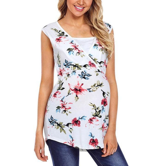 Elegant V Neck Sleeveless Floral Printed Maternity Dress - Comfortable & Stylish