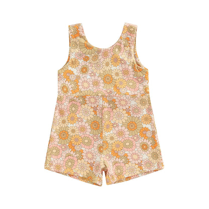 Colorful Sleeveless Printed Rainbow Sunken Stripe Flower Jumpsuit