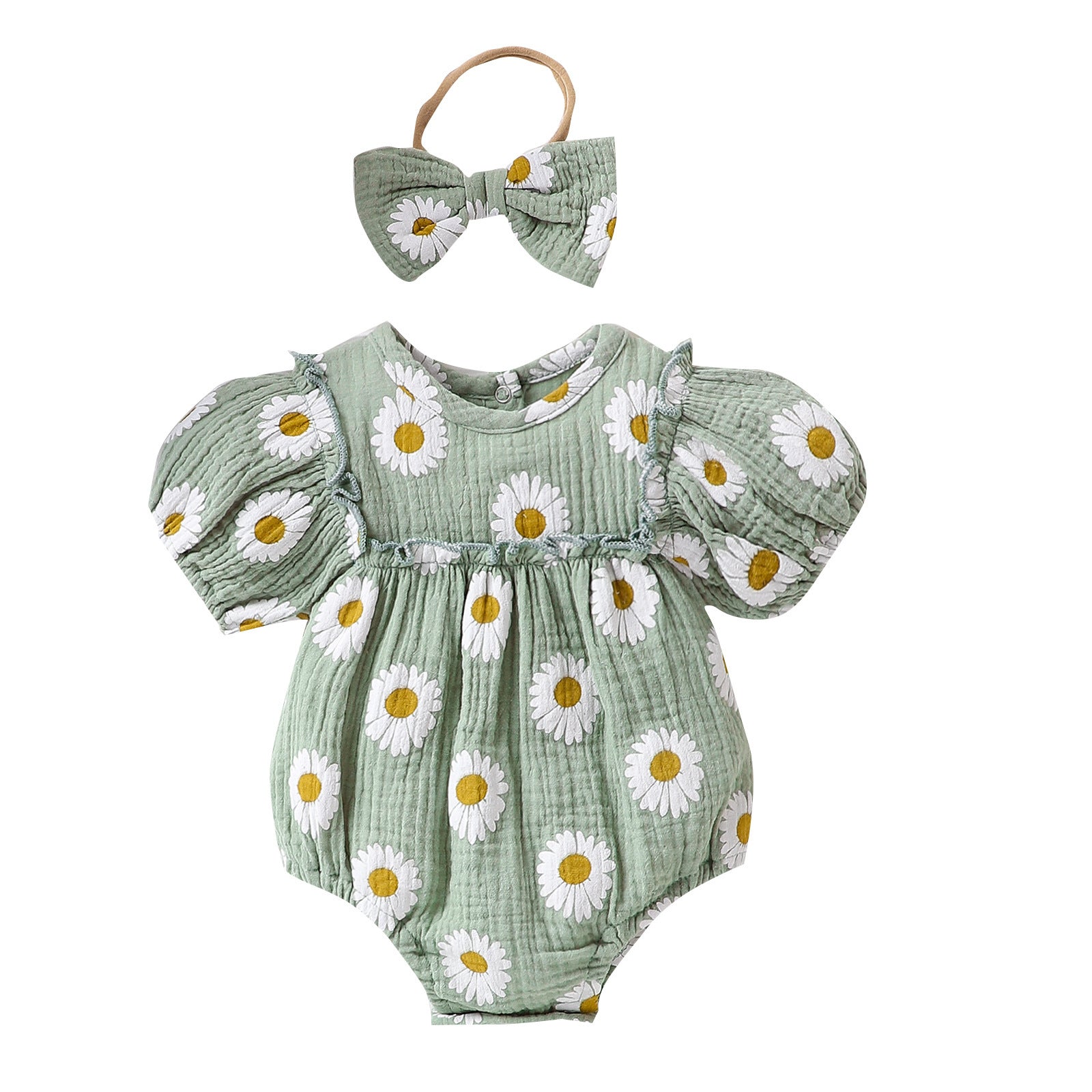 Summer Baby Girl Floral Puff Sleeve Romper Set with Headband | Adorable Prints
