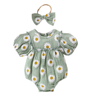 Summer Baby Girl Floral Puff Sleeve Romper Set with Headband | Adorable Prints