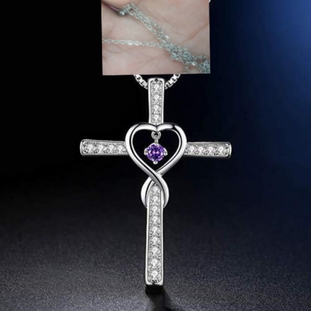 Infinity Love Cross Pendant Necklace – In God We Trust Christian Birthstone Heart Jewelry for Women with Crystal Zircon Gems