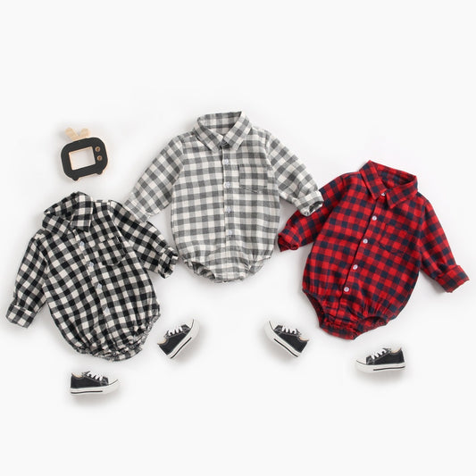 Plaid Perfection: Infant Boy Romper for Stylish Autumn and Winter Wear