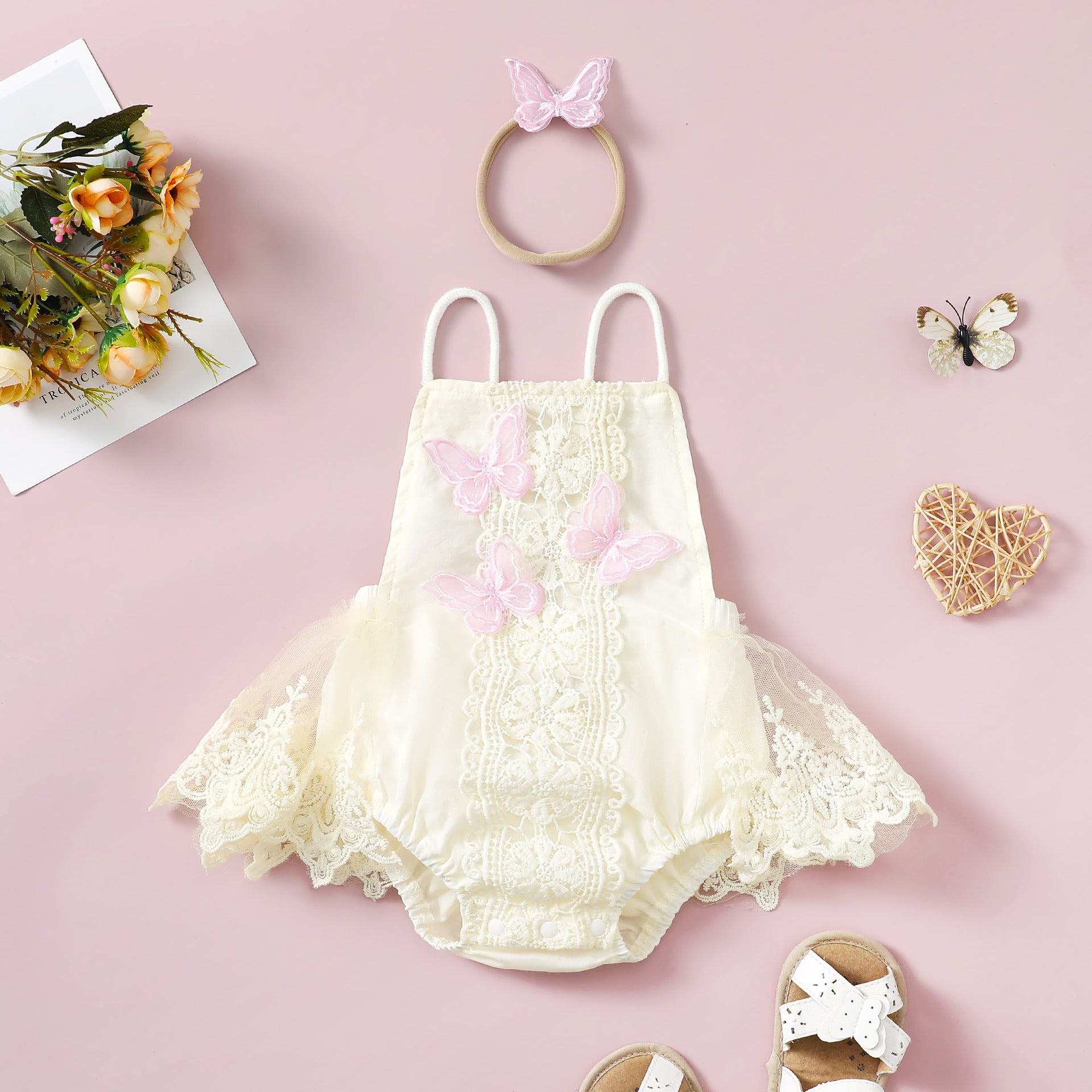 Enchanting Elegance: Girls' Butterfly Lace Spaghetti Strap Princess Dress with Headband