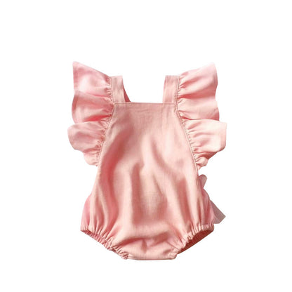 Adorable Pure Color Mesh Ruffled Sleeve Bowknot Baby Romper for Stylish Comfort