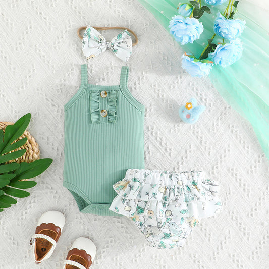 Adorable Summer Baby Girl Romper and Bloomers with Button Chest Design