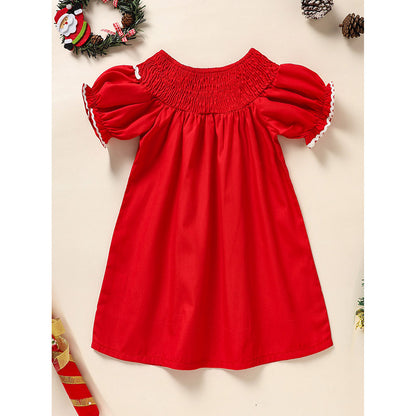 Toddler & Infant Girls Christmas Dress – Smocked Christmas Tree Embroidered Short Sleeve Party Dress
