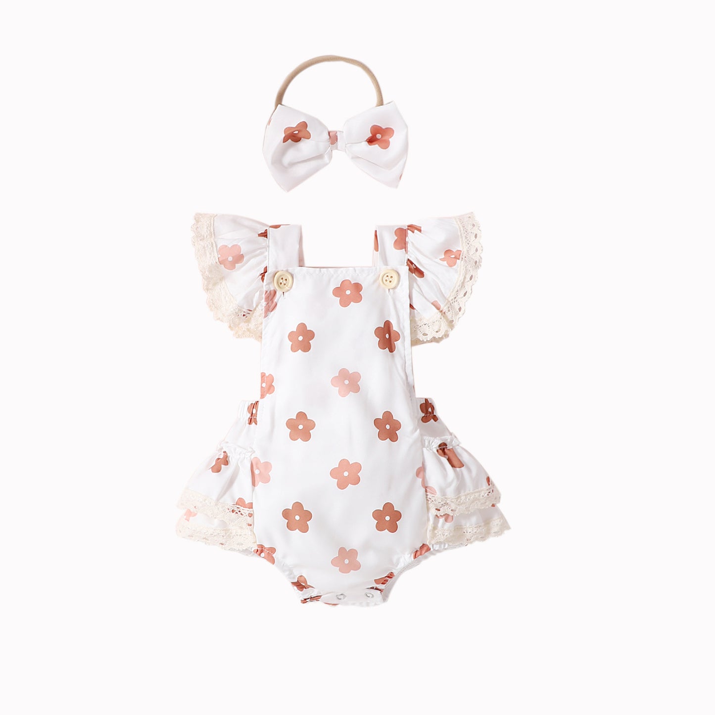 Adorable Baby Girl Lace Flounced Sleeve Printed Triangle Rompers