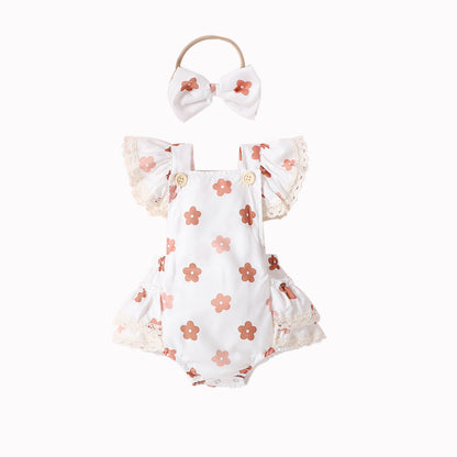 Adorable Baby Girl Lace Flounced Sleeve Printed Triangle Rompers