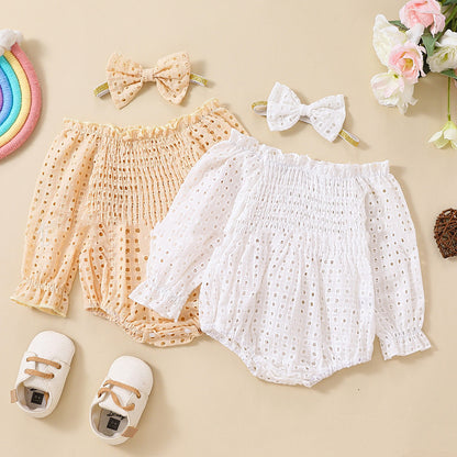 Baby Girl Cotton Mesh Smocked Off-Shoulder Long Sleeve Romper
