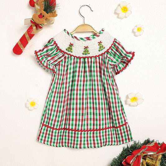 Baby & Toddler Girls Christmas Dress – Short Sleeve Plaid Party Dress with Embroidered Christmas Tree