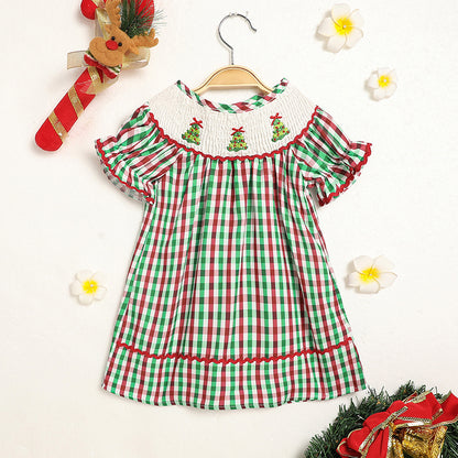 Baby & Toddler Girls Christmas Dress – Short Sleeve Plaid Party Dress with Embroidered Christmas Tree