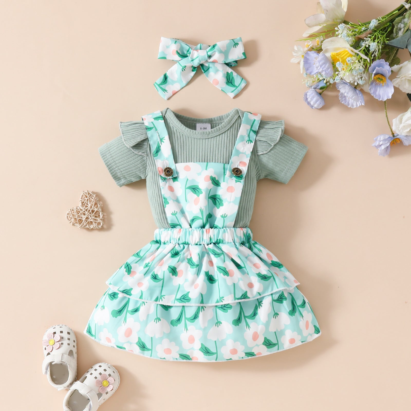 Baby Girl's Summer Short-sleeved Romper Wiot Suspender Skirt Floral Fruit Casual Skirt Suit