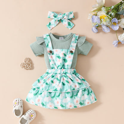 Baby Girl's Summer Short-sleeved Romper Wiot Suspender Skirt Floral Fruit Casual Skirt Suit