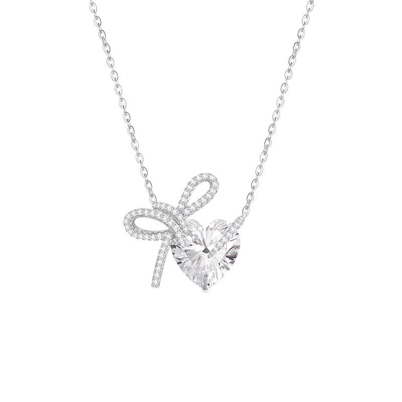 Women’s Diamond Bow Heart Necklace – Elegant Clavicle Chain, Simple & Versatile High-End Jewelry Gift for Her