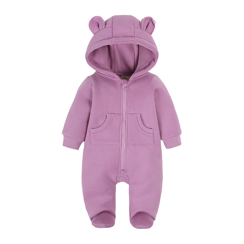 Cozy Solid Color Ear-Designed Hood Thickened Baby Foot-Wrapped Jumpsuit