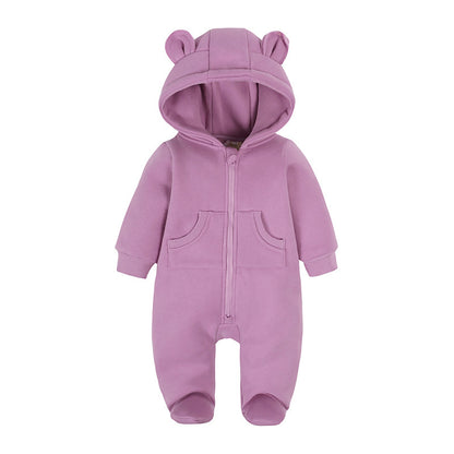 Cozy Solid Color Ear-Designed Hood Thickened Baby Foot-Wrapped Jumpsuit